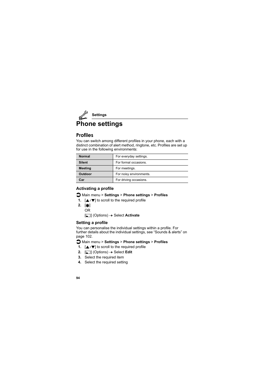 Phone settings, Profiles | Panasonic EB-SA6  EN User Manual | Page 97 / 170