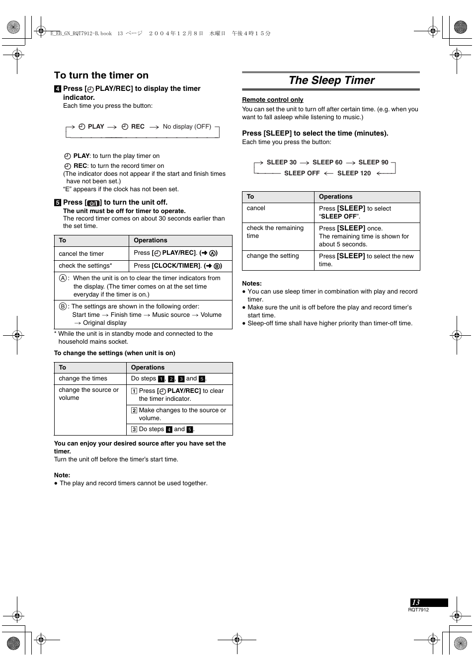 The sleep timer, N =========== ] n, N , === ] n | Panasonic RX-ES23  EN User Manual | Page 13 / 16