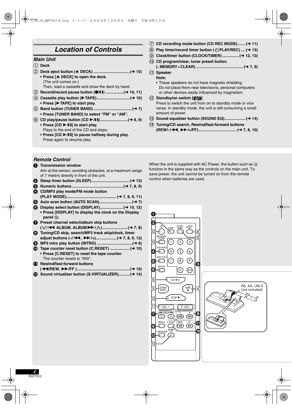 Location of controls | Panasonic RX-ES23  EN User Manual | Page 4 / 16