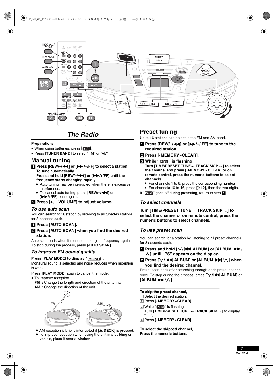 The radio, Manual tuning, Preset tuning | Panasonic RX-ES23  EN User Manual | Page 7 / 16