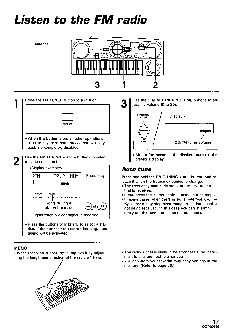 Memo, Listen to the fm radio, Fm 80. 2 mhz | Auto tune | Panasonic SX-MB100 User Manual | Page 17 / 36