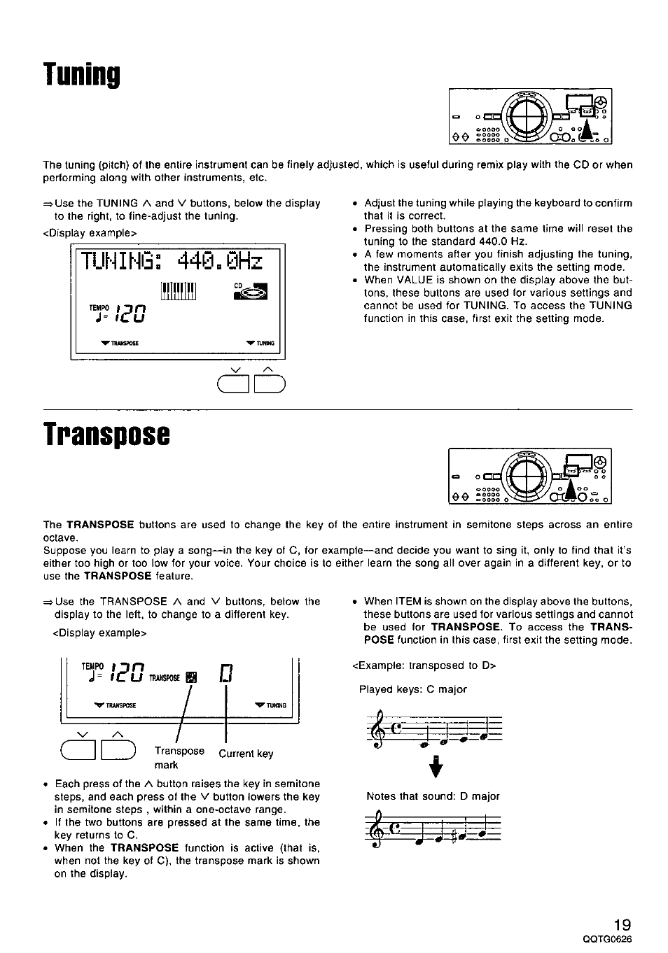 Tuning, Transpose | Panasonic SX-MB100 User Manual | Page 19 / 36