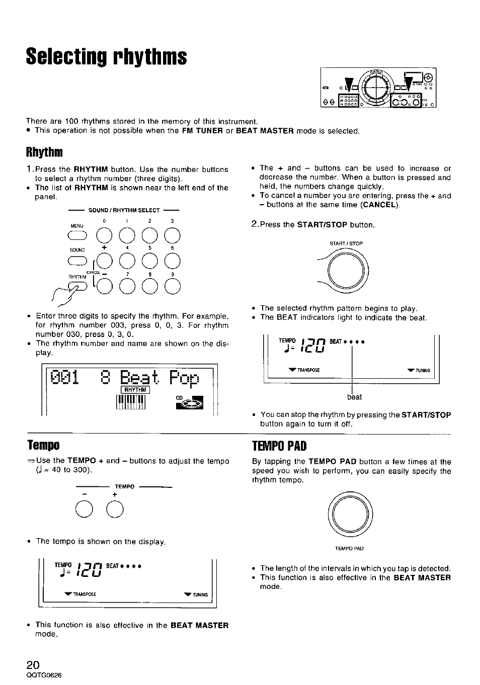 Selecting rhythms, O [o o o o, У e'031 pop | O o o, Rhythm, Tempo, Tempo pad | Panasonic SX-MB100 User Manual | Page 20 / 36