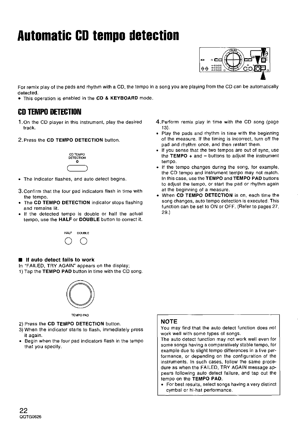 Automatic cd tempo detection, If auto detect fails to work, Cd tempo detection | Panasonic SX-MB100 User Manual | Page 22 / 36