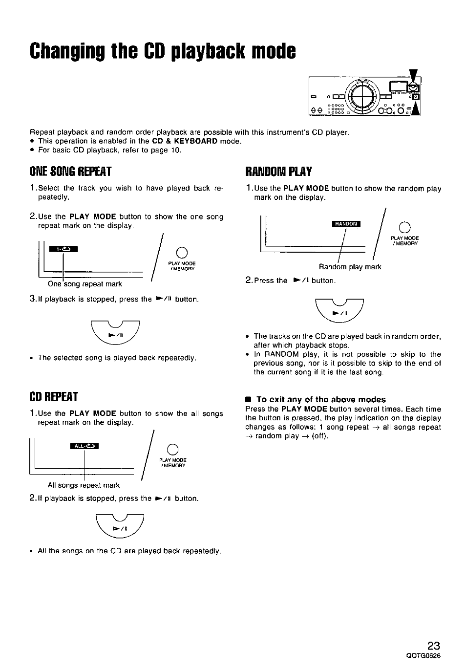 Changing the cd playback mode, Ofue sonig repeat, Rafudom play | Cd repeat | Panasonic SX-MB100 User Manual | Page 23 / 36