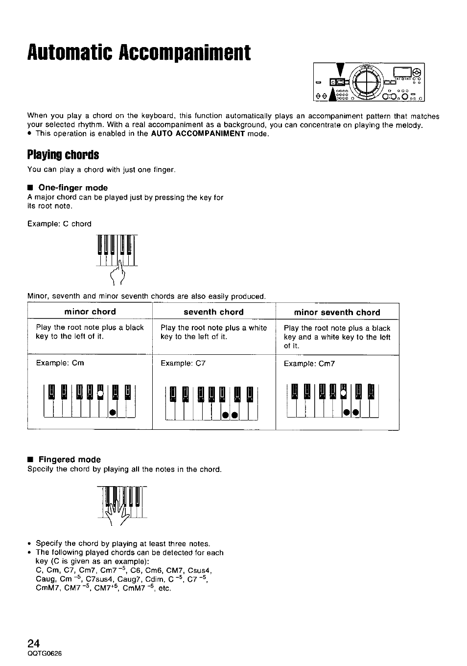 Automatic accompaniment, One-finger mode, Minor chord | Seventh chord, Minor seventh chord, Fingered mode, Playing chords | Panasonic SX-MB100 User Manual | Page 24 / 36