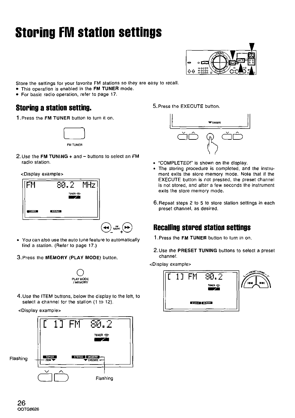 Storing fm station settings, Storing a station setting, Recalling stored station settings | Panasonic SX-MB100 User Manual | Page 26 / 36