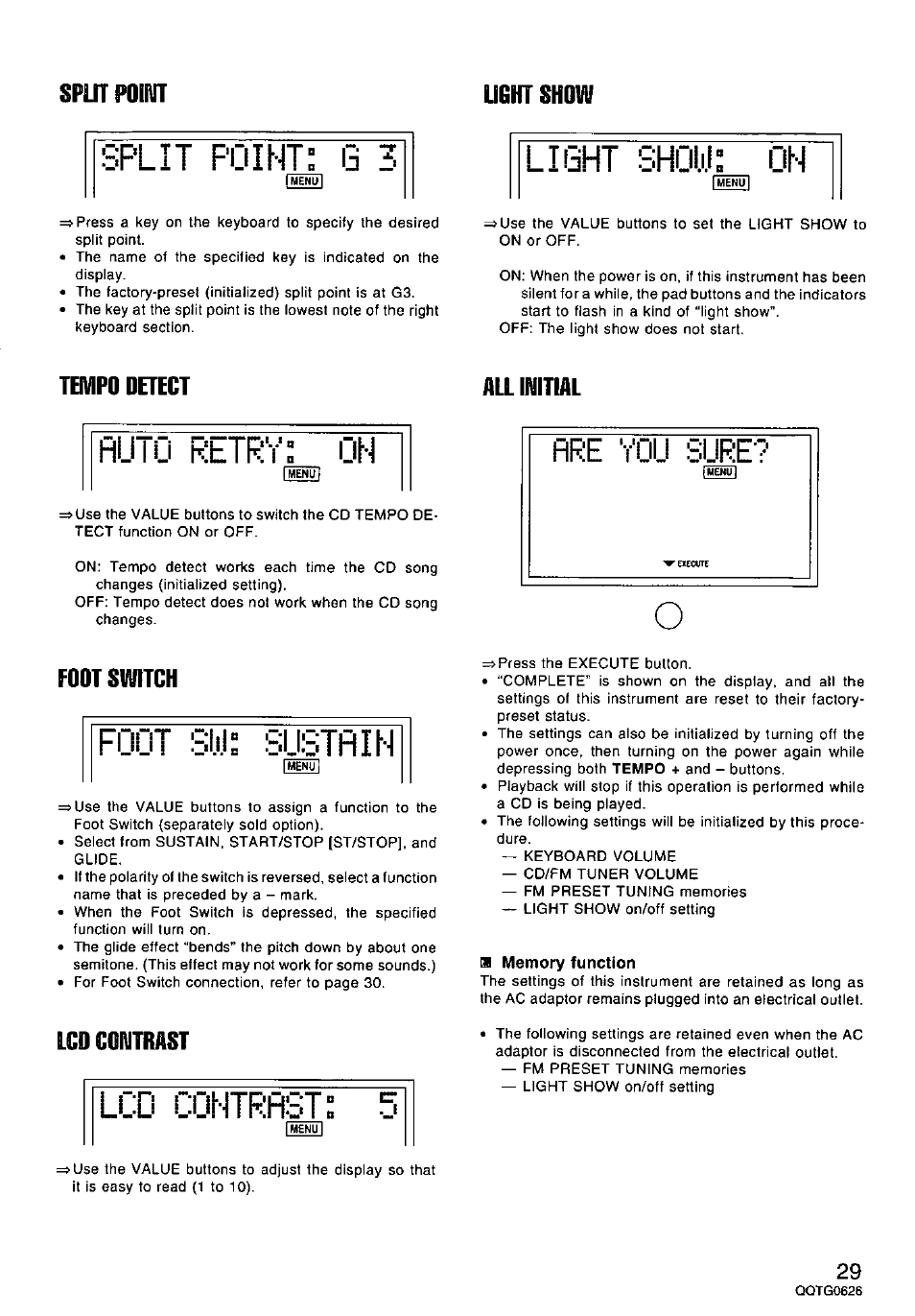 Flutili, Retry, Lud uuhtrflbt | Split point: g 3 light shcii.i.l: on, Foot sl.i.l= sustrih, Tempo detect all initial, Foot switch, Lcd contrast | Panasonic SX-MB100 User Manual | Page 29 / 36