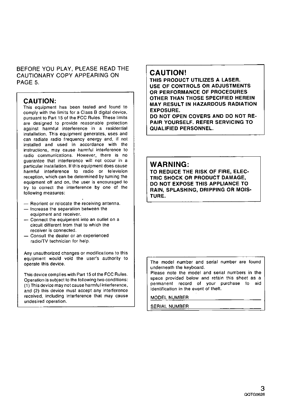 Caution, This product utilizes a laser, Warning | Panasonic SX-MB100 User Manual | Page 3 / 36