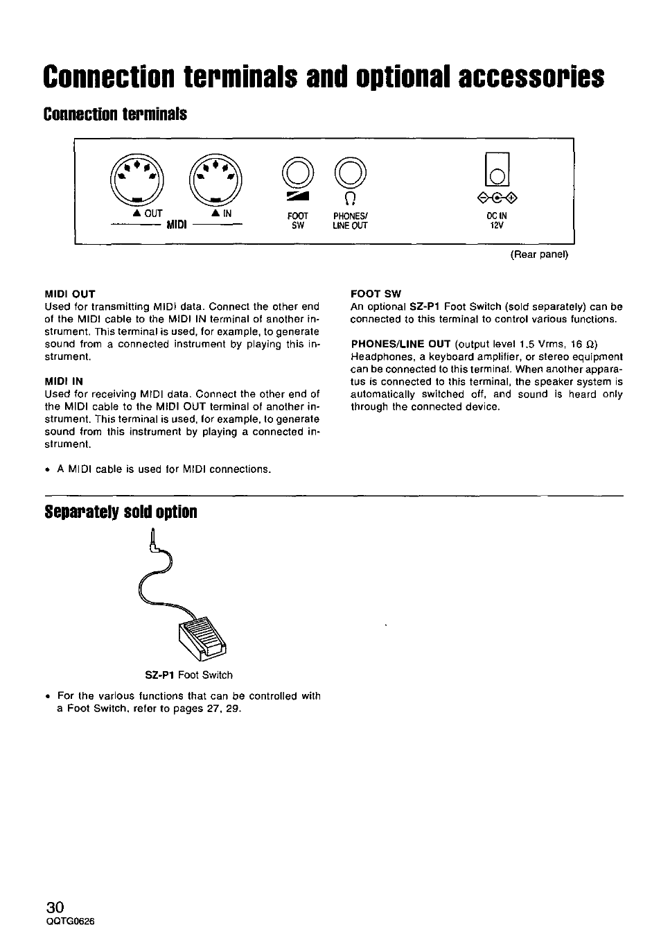 Connection terminals and optional accessories, Connection termlnalo, Separately sold option | Panasonic SX-MB100 User Manual | Page 30 / 36