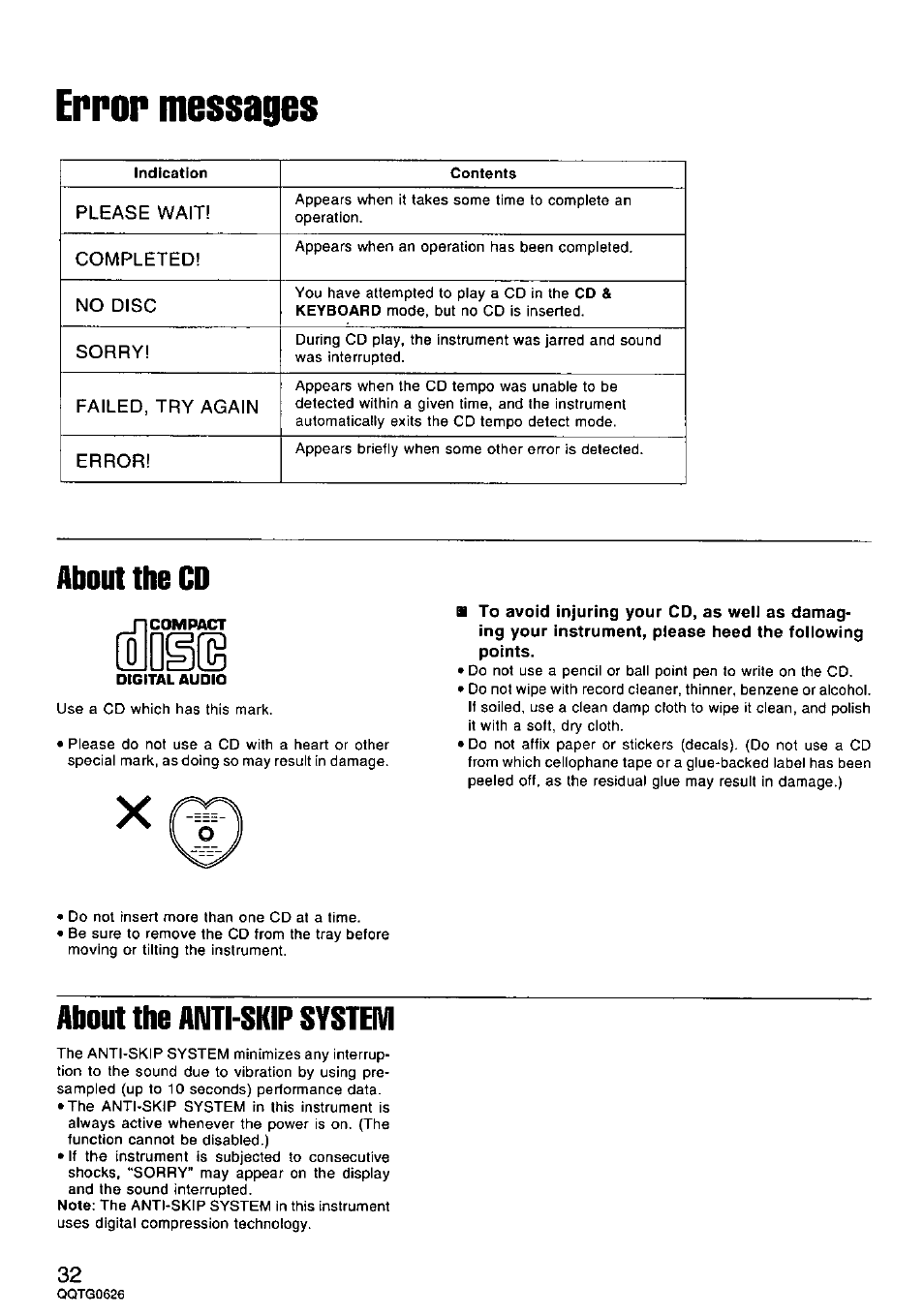 Error messages, About the cd, About the anti-skip system | Panasonic SX-MB100 User Manual | Page 32 / 36