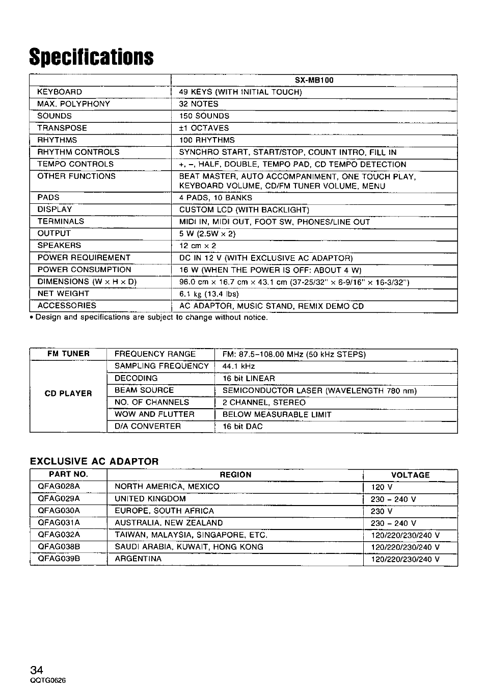 Specifications | Panasonic SX-MB100 User Manual | Page 34 / 36