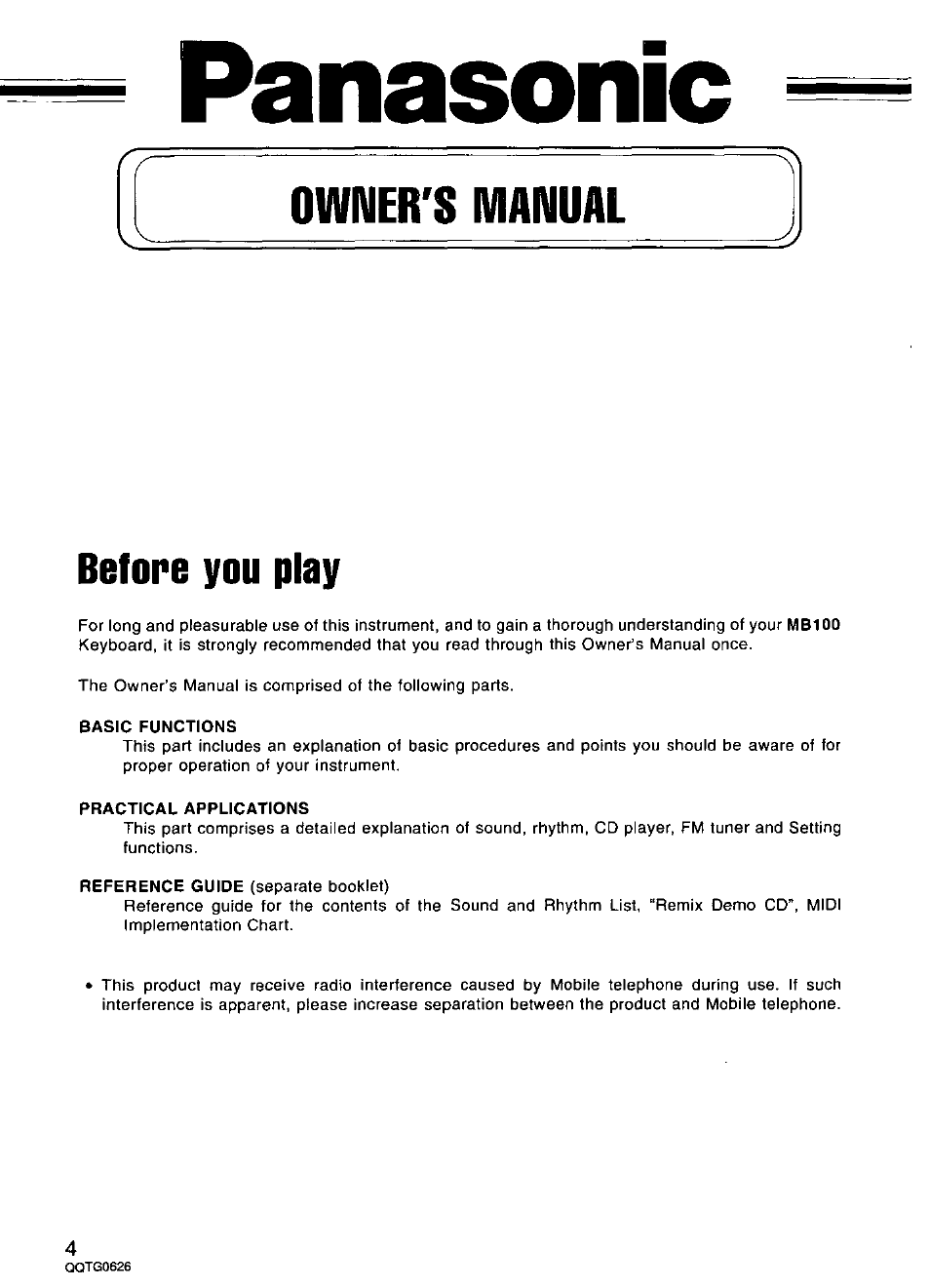 Panasonic, Owner's manual, Before you play | Basic functions, Practical applications | Panasonic SX-MB100 User Manual | Page 4 / 36