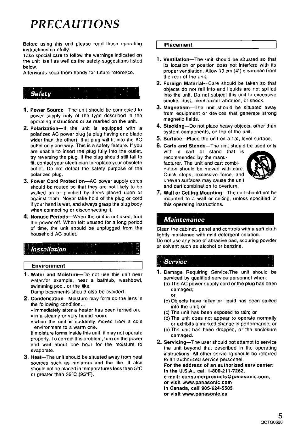Precautions | Panasonic SX-MB100 User Manual | Page 5 / 36