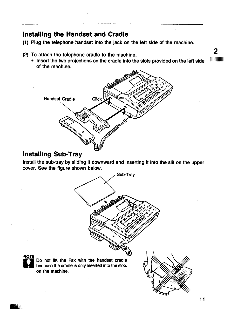 Installing the handset and cradle, Installing sub-tray | Panasonic Panafax UF-121 User Manual | Page 11 / 72