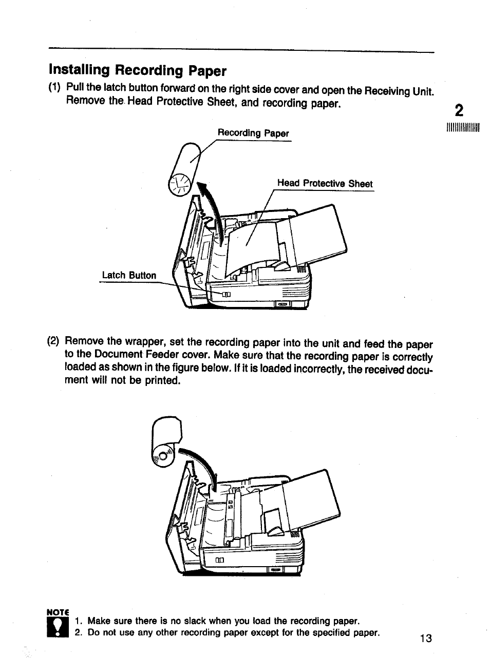 Installing recording paper | Panasonic Panafax UF-121 User Manual | Page 13 / 72