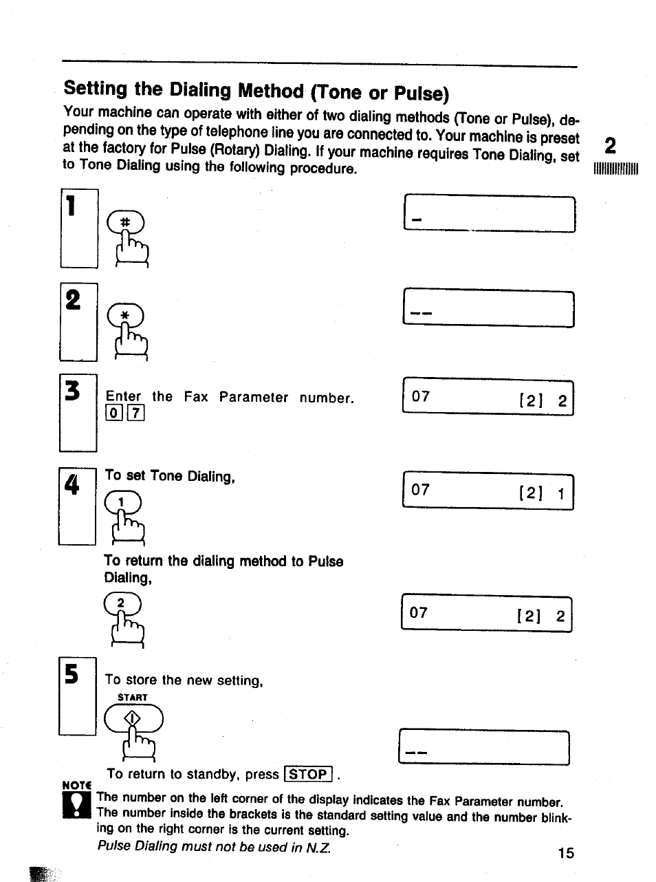 Setting the dialing method (tone or pulse) | Panasonic Panafax UF-121 User Manual | Page 15 / 72