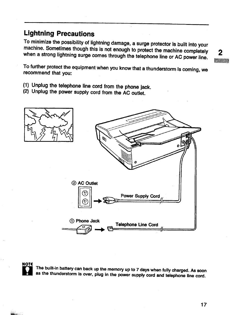 Lightning precautions | Panasonic Panafax UF-121 User Manual | Page 17 / 72