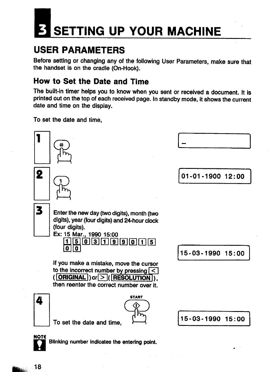 User parameters, How to set the date and time, Setting up your machine | Or[>n( i | Panasonic Panafax UF-121 User Manual | Page 18 / 72
