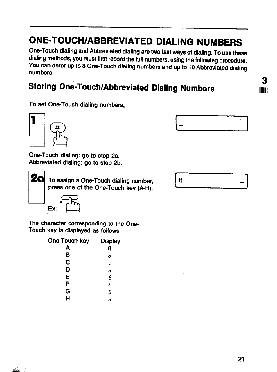 One-touch/abbreviated dialing numbers, Storing one-touch/abbreviated dialing numbers | Panasonic Panafax UF-121 User Manual | Page 21 / 72