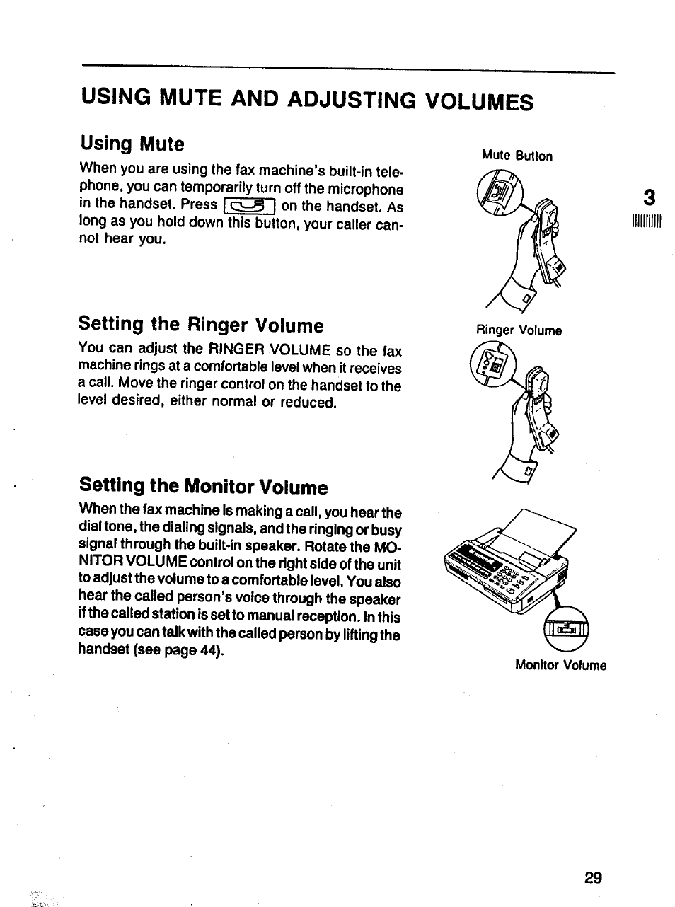 Using mute and adjusting volumes, Using mute, Setting the ringer volume | Setting the monitor volume | Panasonic Panafax UF-121 User Manual | Page 29 / 72