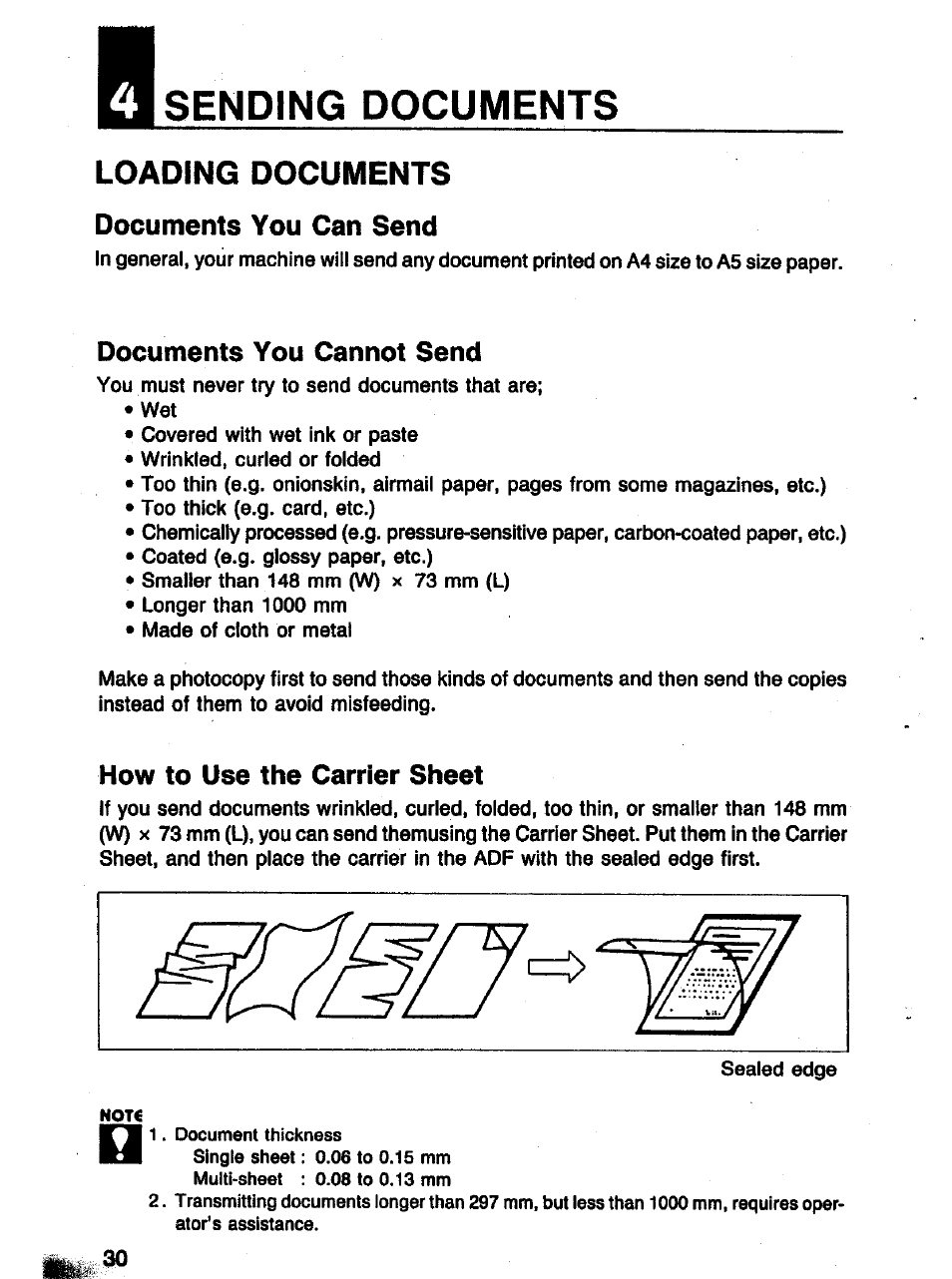 Loading documents, Documents you can send, Documents you cannot send | How to use the carrier sheet, Sending documents | Panasonic Panafax UF-121 User Manual | Page 30 / 72