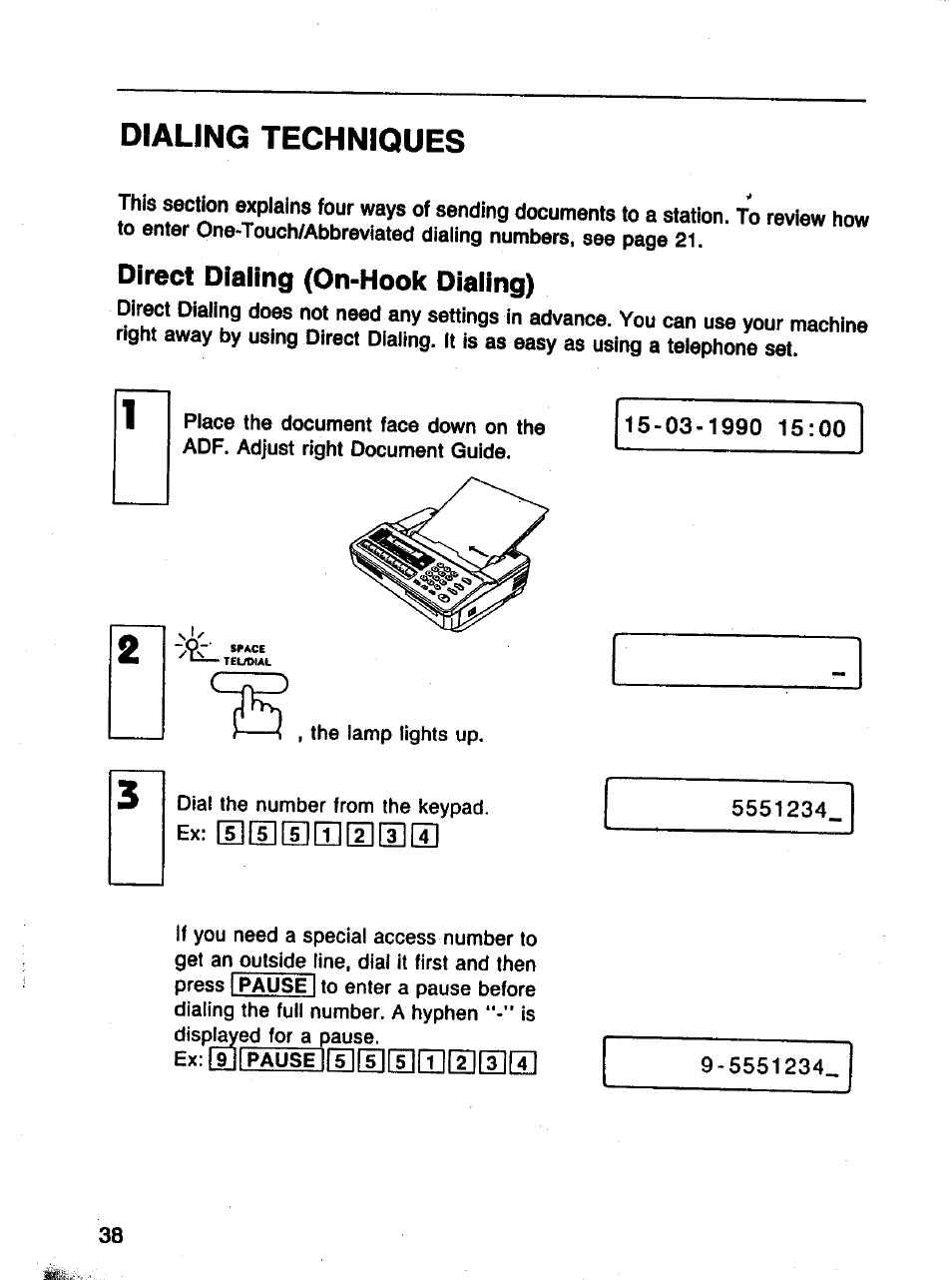 Dialing techniques, Direct dialing (on-hook dialing), Fill | Ifsifsirsimftifnri | Panasonic Panafax UF-121 User Manual | Page 38 / 72