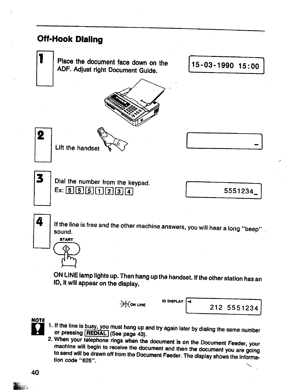 Off-hook dialing, Ex:[i](l][i](i]®®s | Panasonic Panafax UF-121 User Manual | Page 40 / 72