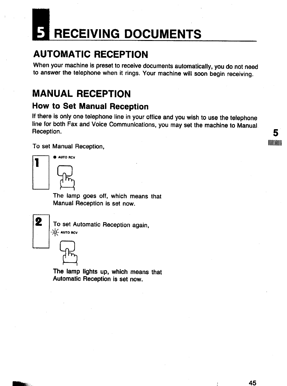 Automatic reception, Manual reception, How to set manual reception | Receiving documents | Panasonic Panafax UF-121 User Manual | Page 45 / 72