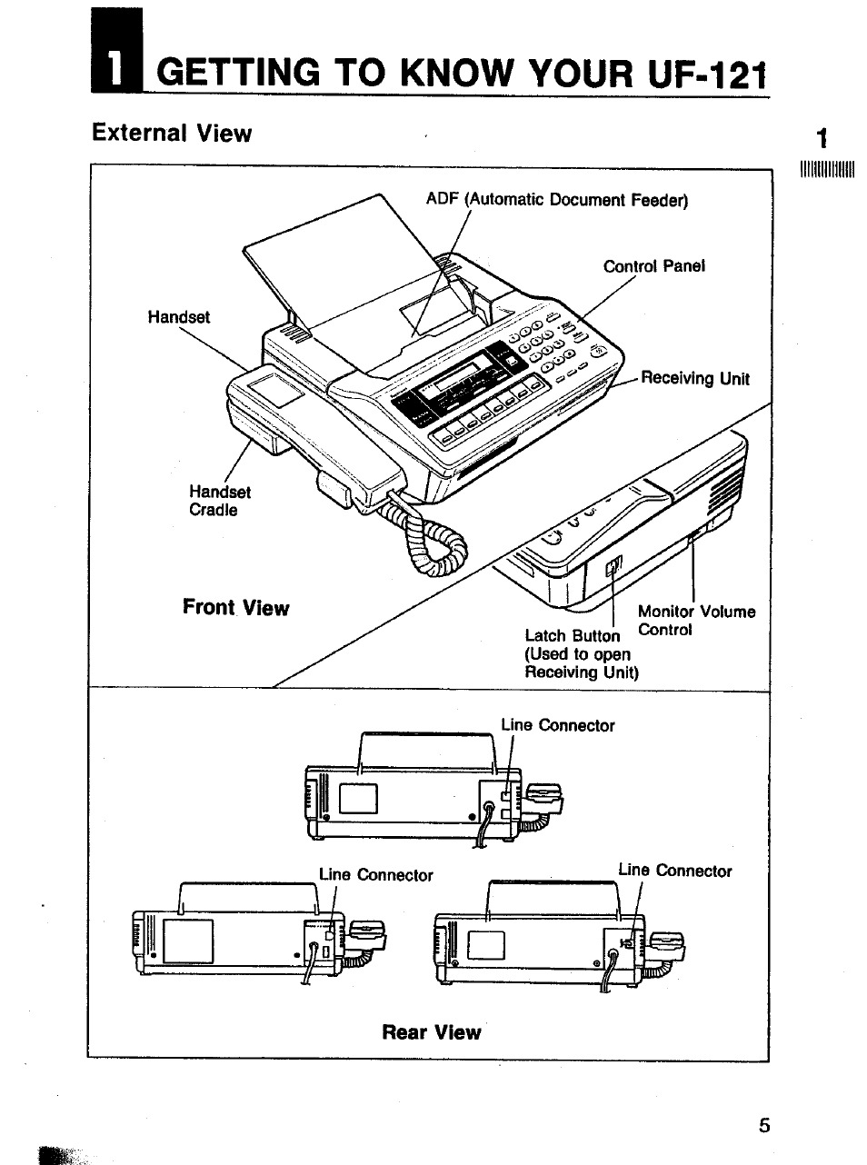 External view, Getting to know your uf-121 | Panasonic Panafax UF-121 User Manual | Page 5 / 72