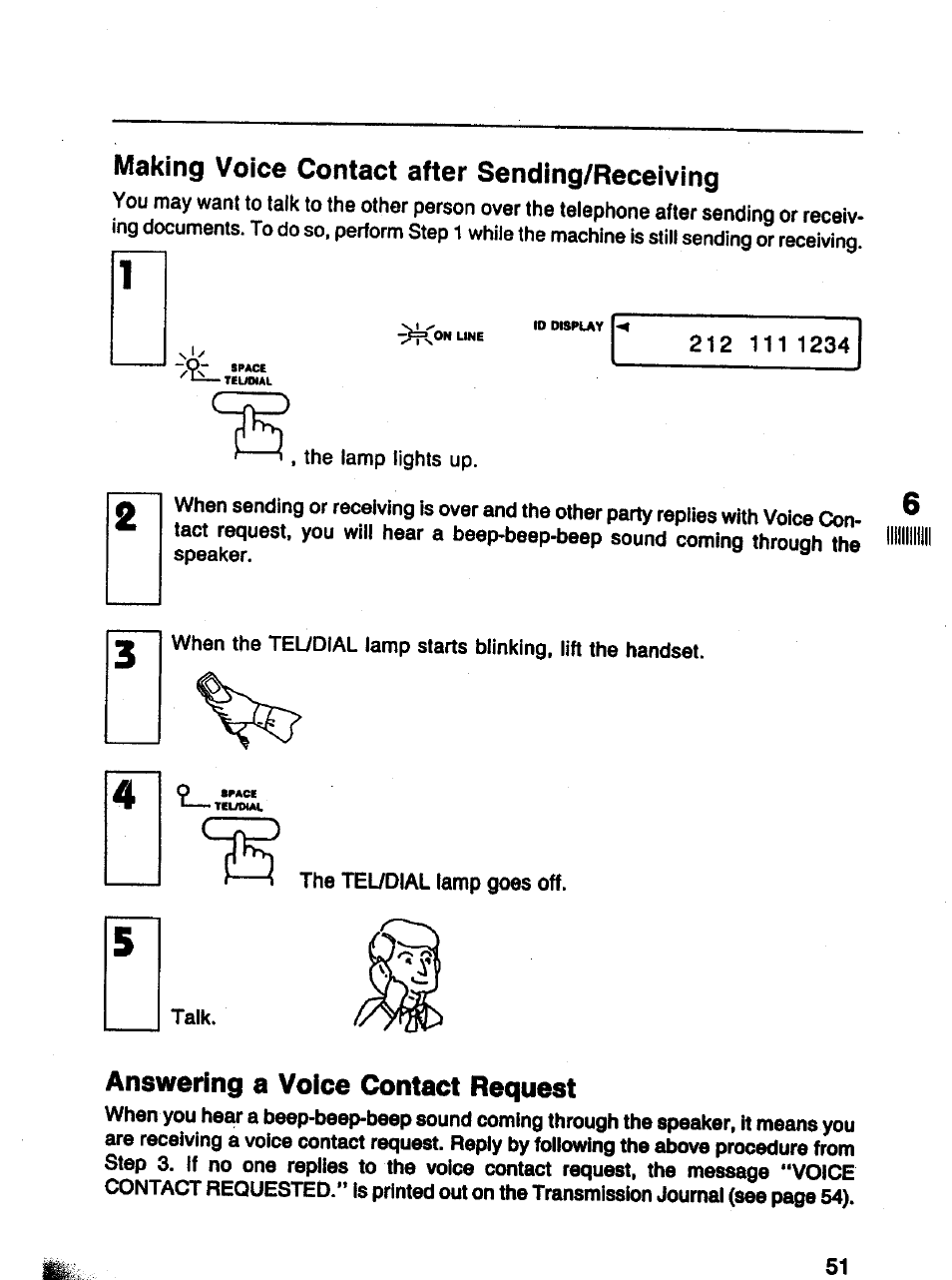 Making voice contact after sending/receiving, Answering a voice contact request | Panasonic Panafax UF-121 User Manual | Page 51 / 72