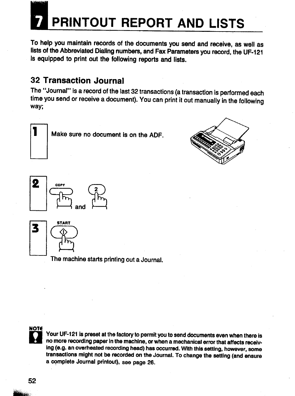 32 transaction journal, Printout report and lists | Panasonic Panafax UF-121 User Manual | Page 52 / 72