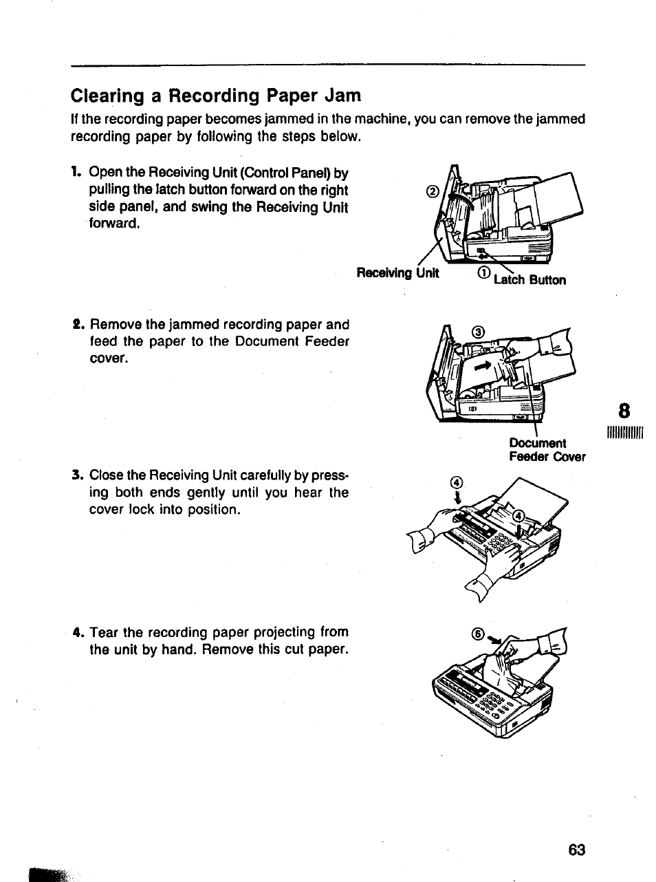 Clearing a recording paper jam | Panasonic Panafax UF-121 User Manual | Page 63 / 72