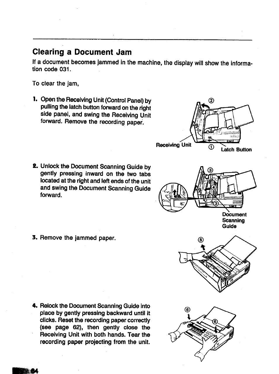 Clearing a document jam | Panasonic Panafax UF-121 User Manual | Page 64 / 72