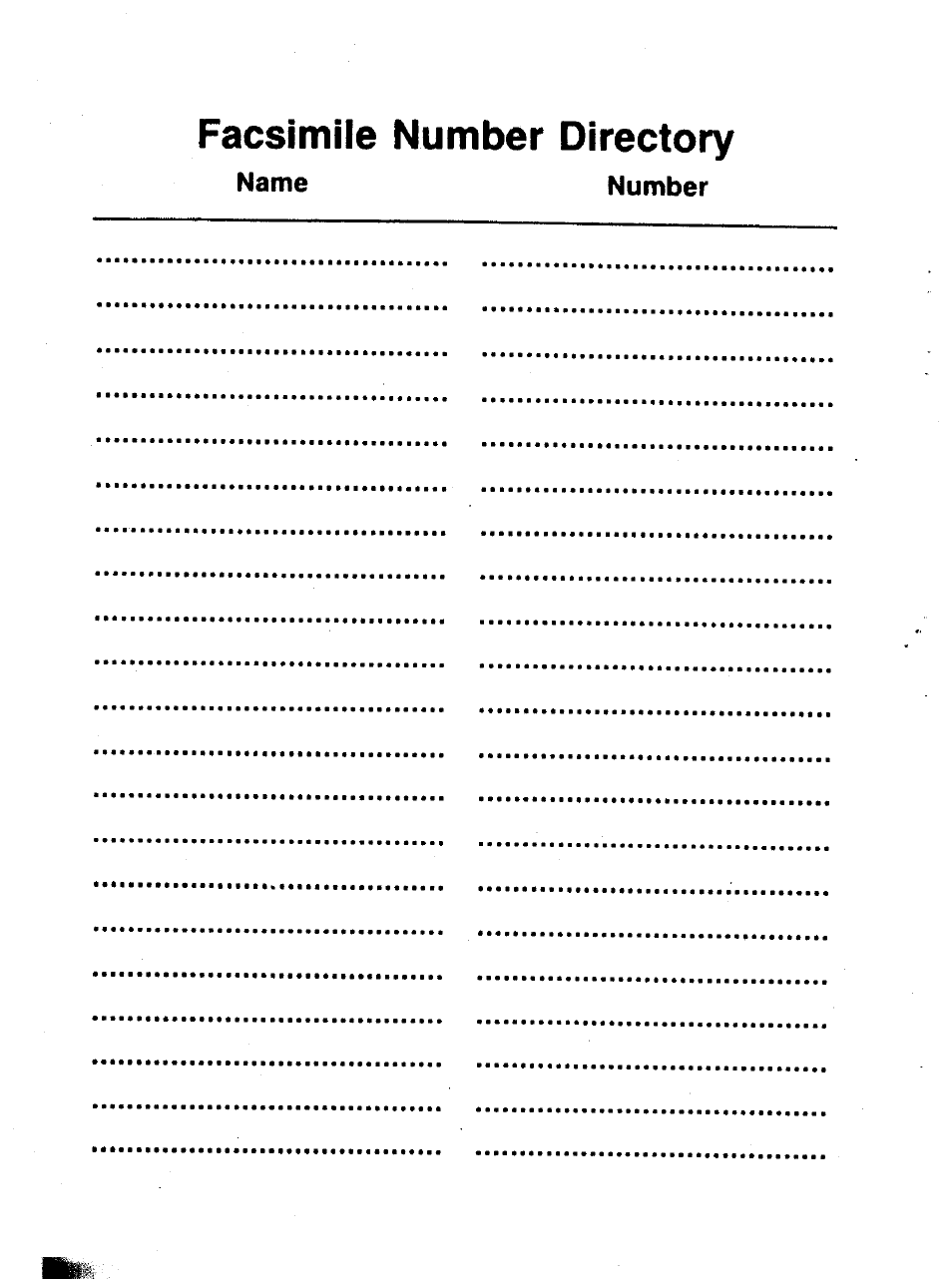 Facsimile number directory | Panasonic Panafax UF-121 User Manual | Page 70 / 72