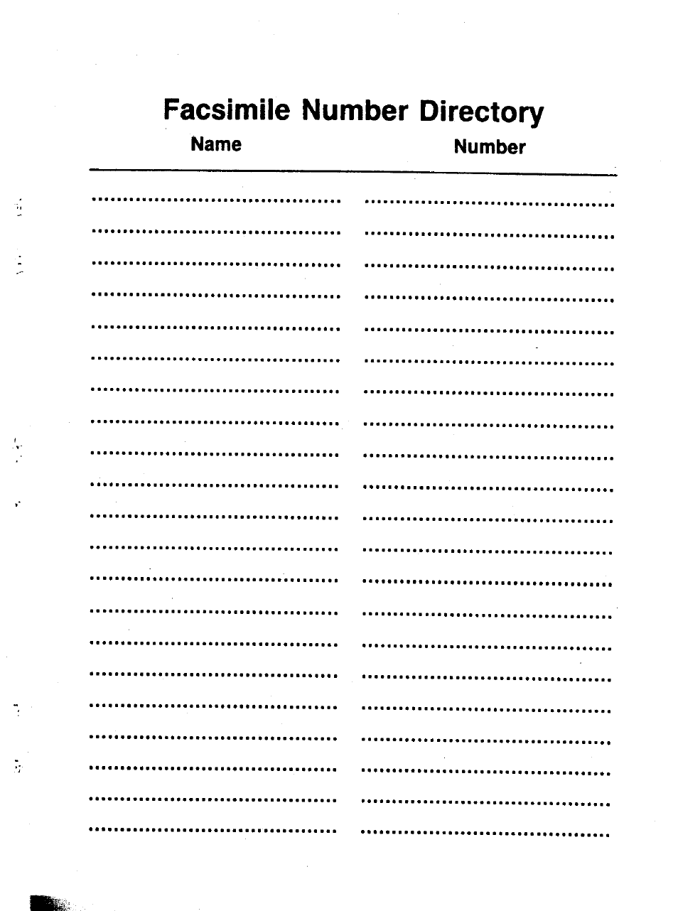 Facsimile number directory | Panasonic Panafax UF-121 User Manual | Page 71 / 72