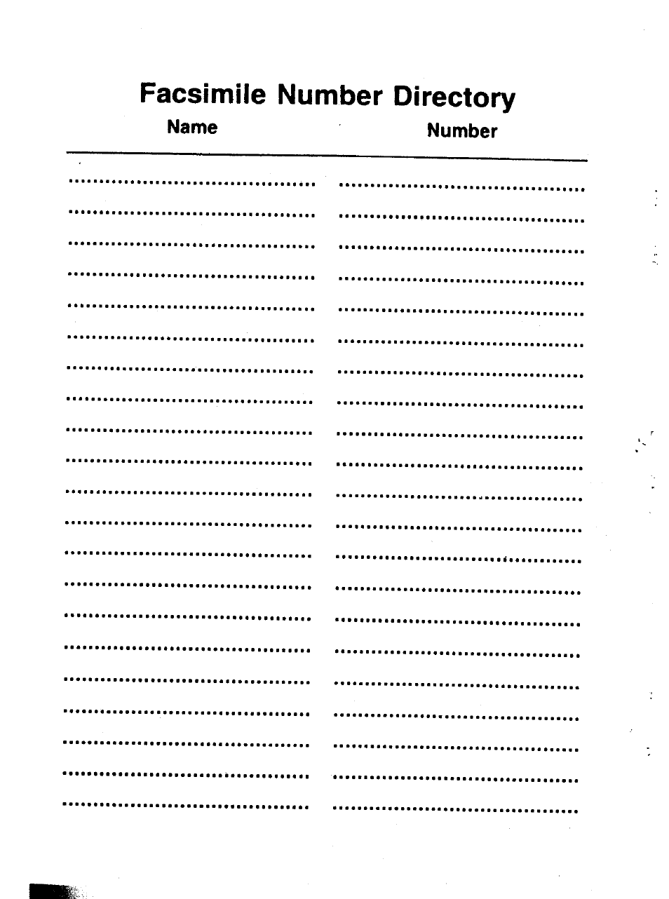 Facsimile number directory | Panasonic Panafax UF-121 User Manual | Page 72 / 72