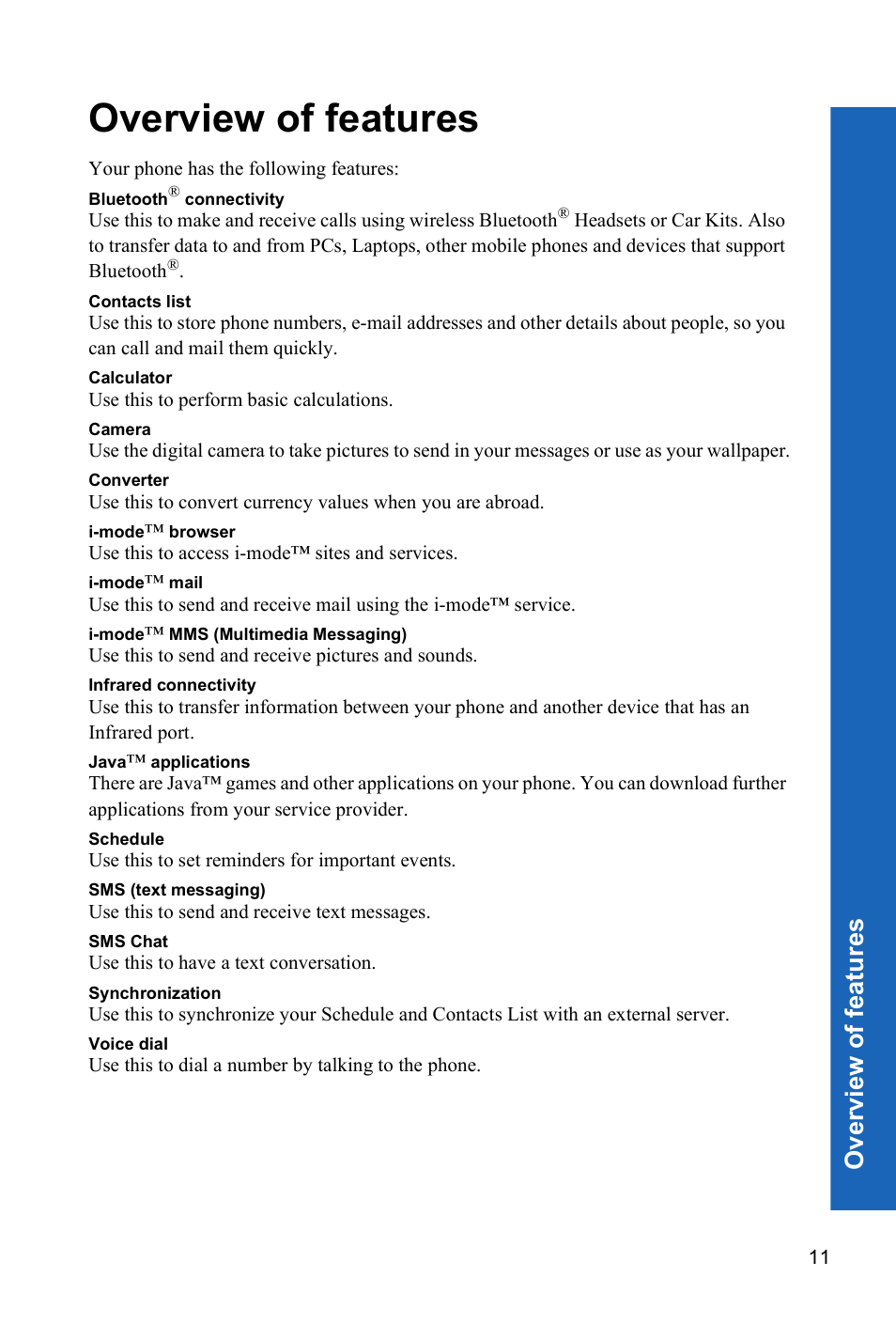 Overview of features, Ov er view o f fea tur es | Panasonic P341i User Manual | Page 10 / 144