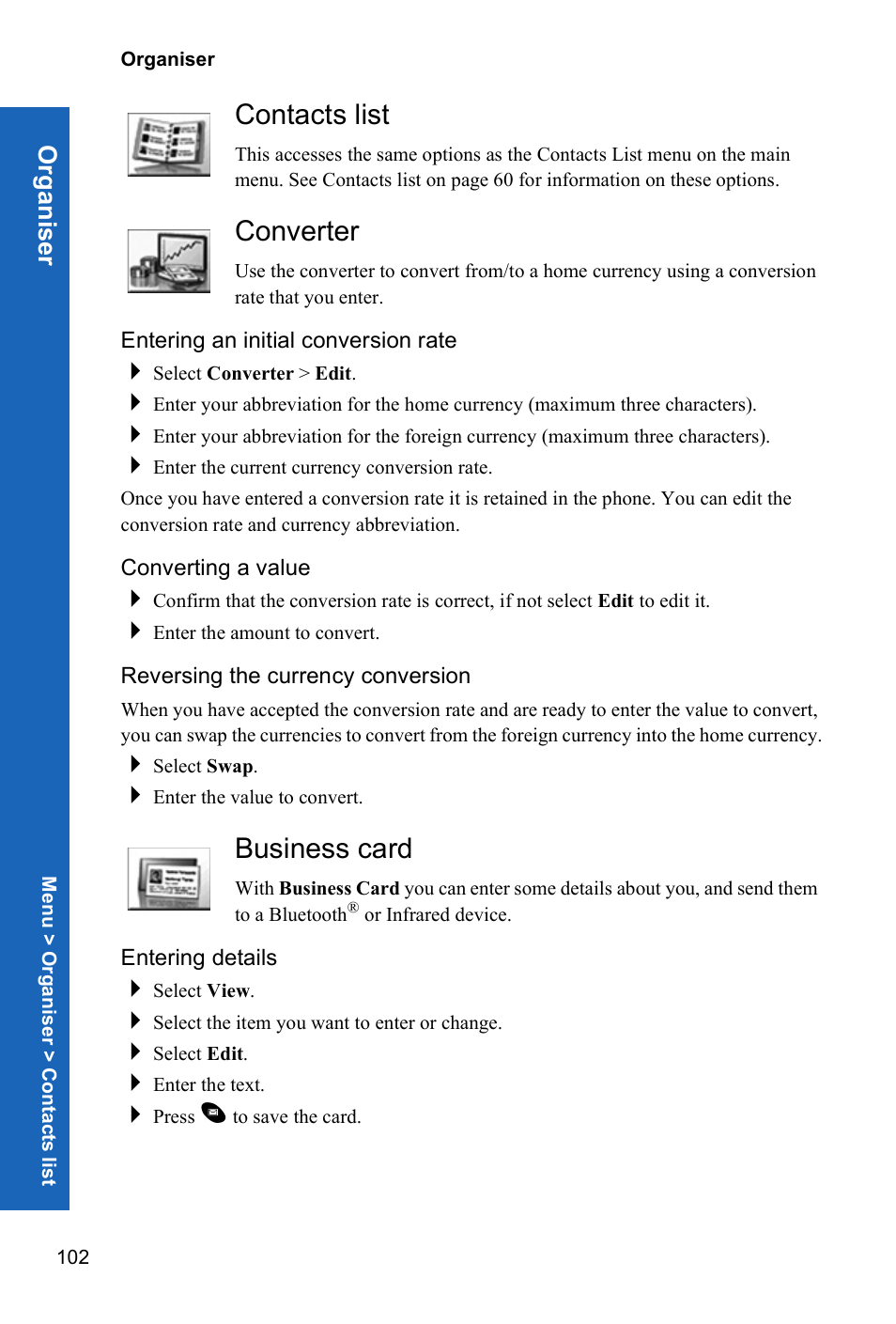 Contacts list, Converter, Entering an initial conversion rate | Converting a value, Reversing the currency conversion, Business card, Entering details | Panasonic P341i User Manual | Page 101 / 144