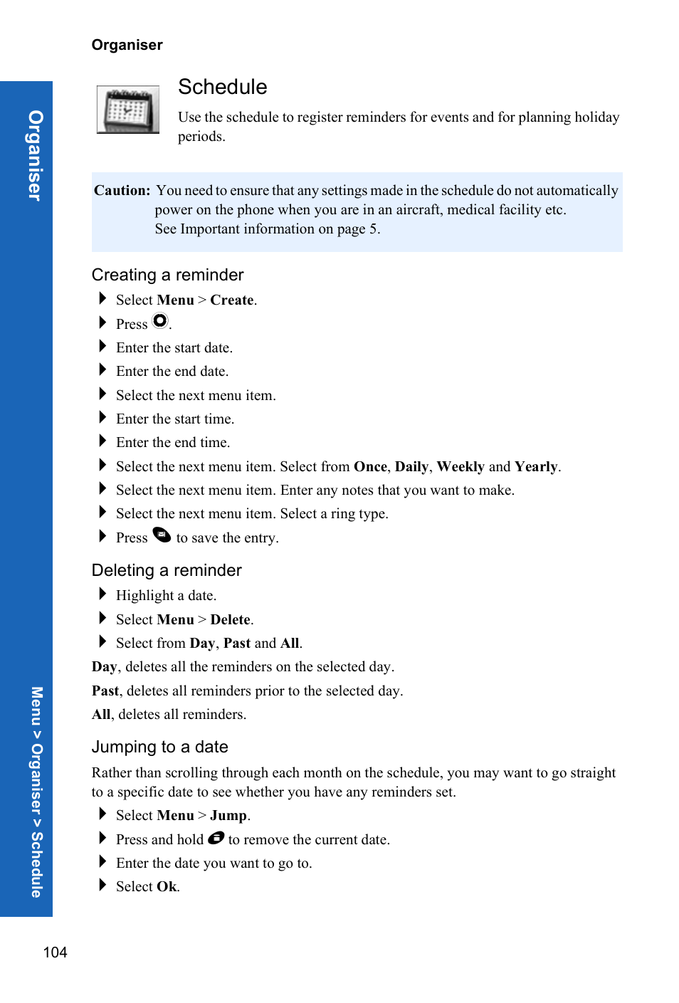 Schedule, Creating a reminder, Deleting a reminder | Jumping to a date | Panasonic P341i User Manual | Page 103 / 144