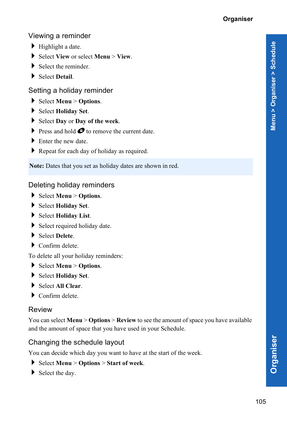 Viewing a reminder, Setting a holiday reminder, Deleting holiday reminders | Review, Changing the schedule layout, Org a n is er | Panasonic P341i User Manual | Page 104 / 144