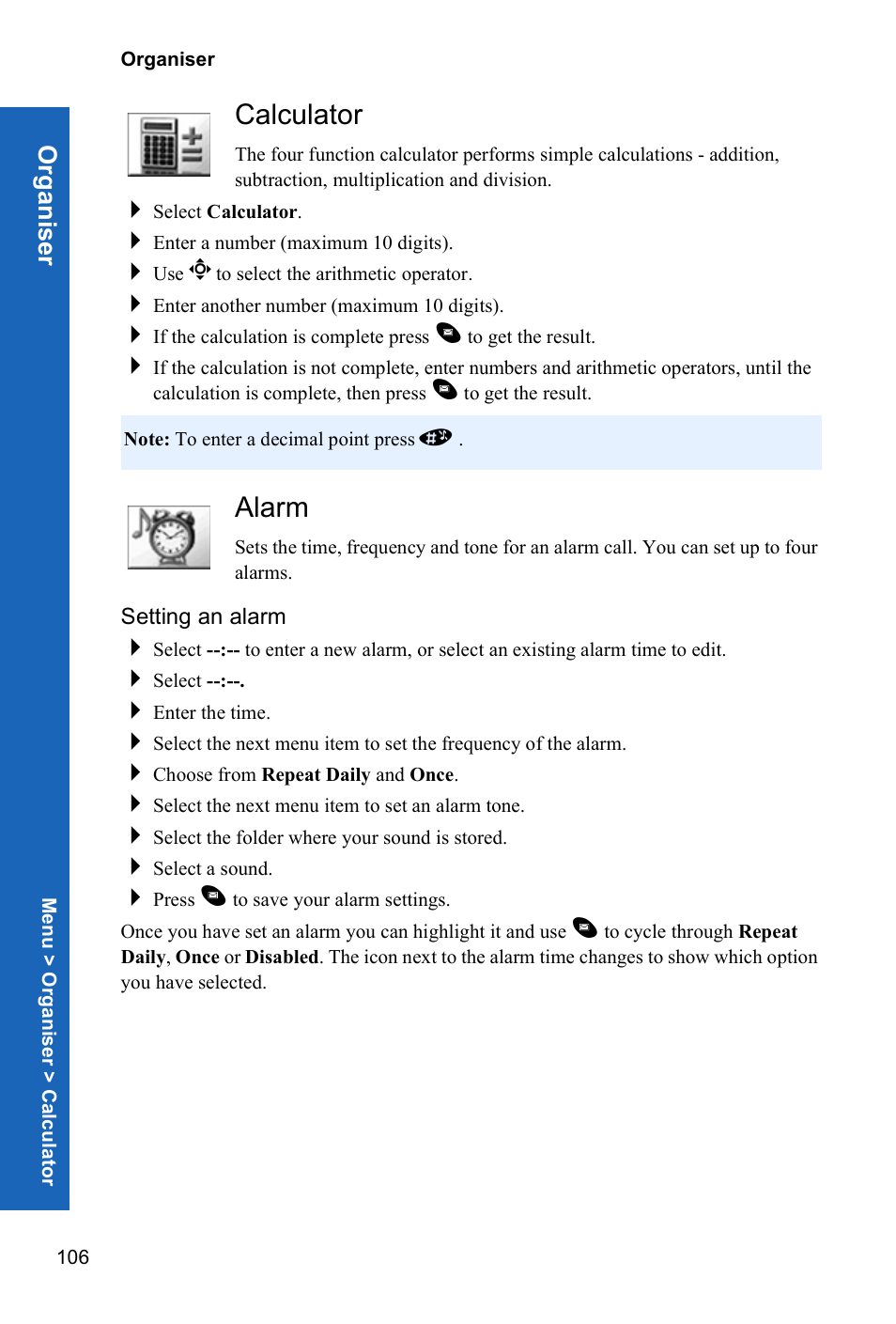 Calculator, Alarm, Setting an alarm | Panasonic P341i User Manual | Page 105 / 144