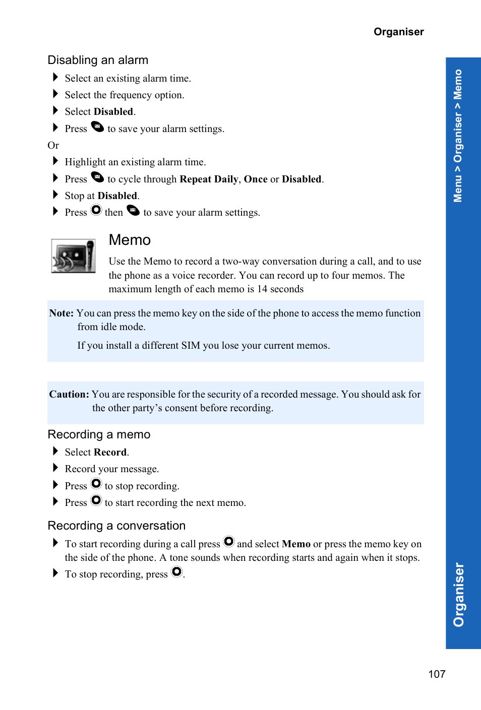 Disabling an alarm, Memo, Recording a memo | Recording a conversation, Org a n is er | Panasonic P341i User Manual | Page 106 / 144