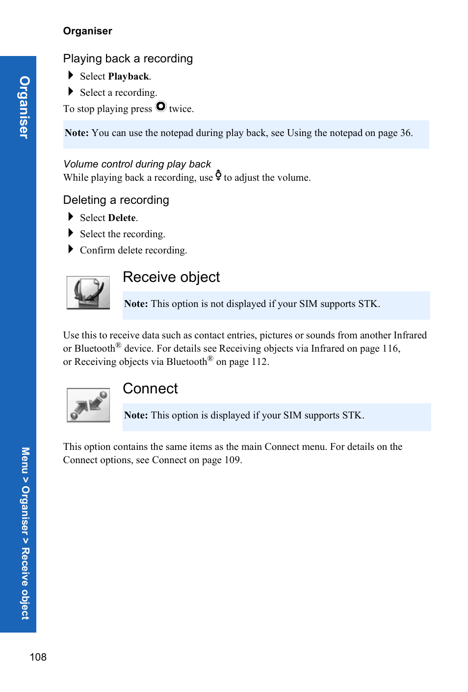 Playing back a recording, Volume control during play back, Deleting a recording | Receive object, Connect | Panasonic P341i User Manual | Page 107 / 144