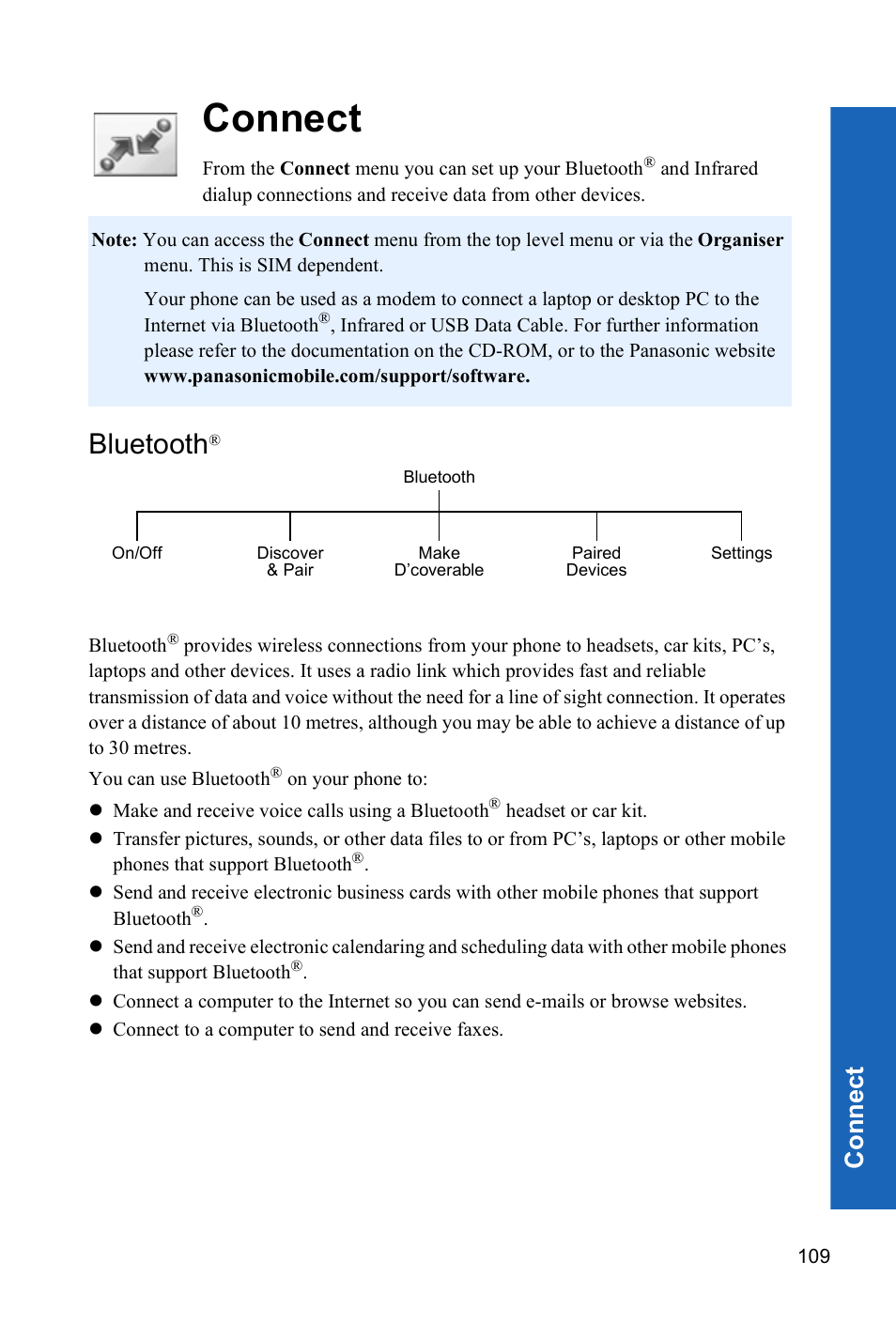 Connect, Bluetooth, Con n e ct | Panasonic P341i User Manual | Page 108 / 144