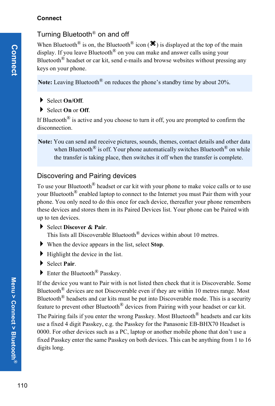 Turning bluetooth® on and off, Discovering and pairing devices, Discovering | Conn ect | Panasonic P341i User Manual | Page 109 / 144