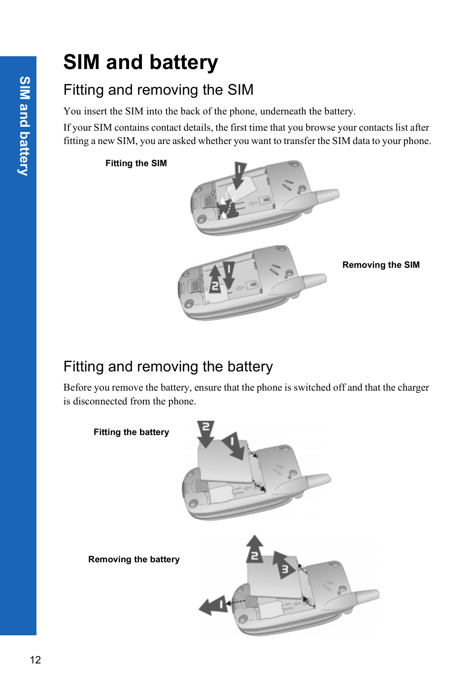 Sim and battery, Fitting and removing the sim, Fitting and removing the battery | Panasonic P341i User Manual | Page 11 / 144