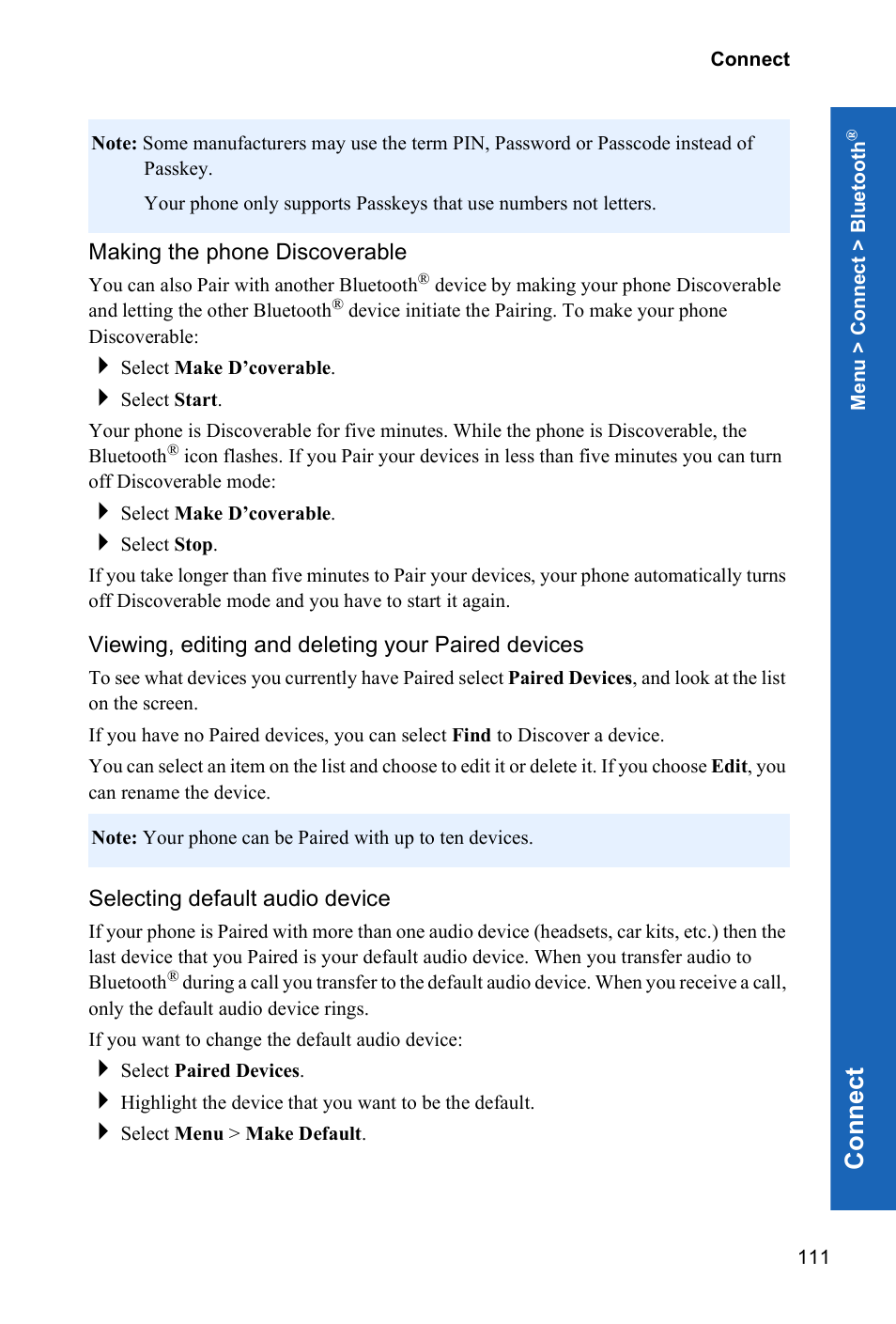 Making the phone discoverable, Viewing, editing and deleting your paired devices, Selecting default audio device | Con n e ct | Panasonic P341i User Manual | Page 110 / 144