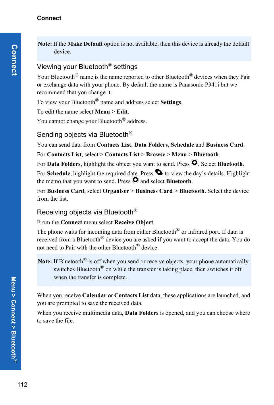 Viewing your bluetooth® settings, Sending objects via bluetooth, Receiving objects via bluetooth | Or receiving objects via bluetooth, Conn ect, Viewing your bluetooth, Settings | Panasonic P341i User Manual | Page 111 / 144