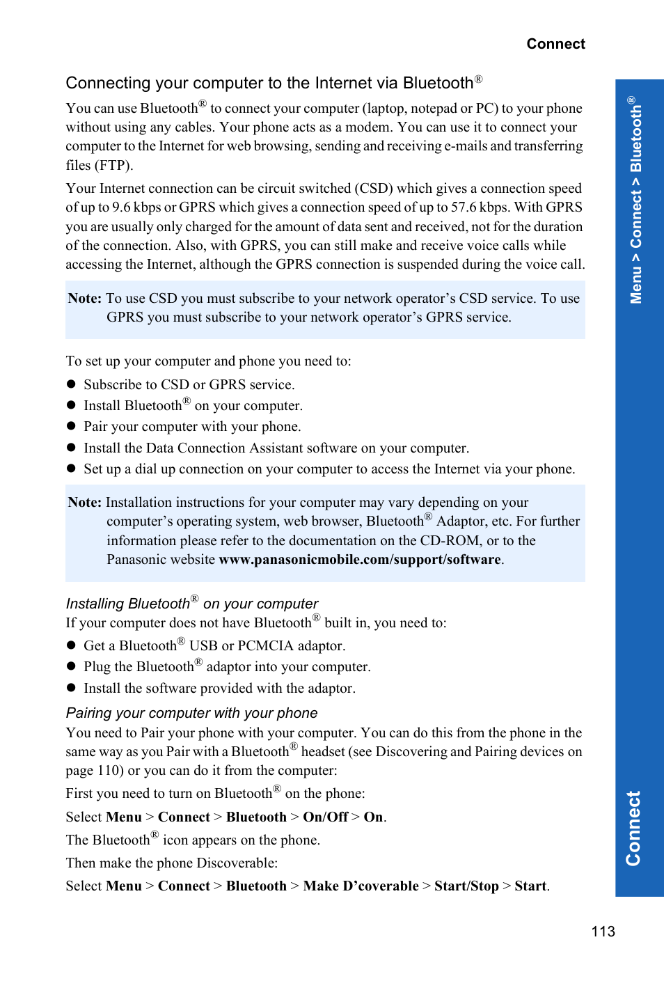 Installing bluetooth® on your computer, Pairing your computer with your phone, Con n e ct | Panasonic P341i User Manual | Page 112 / 144